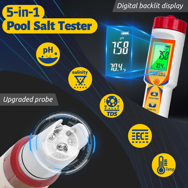 [Australia - AusPower] - Pool Water Tester 5 in 1 Digital Salt and pH Tester for Saltwater Pool Hot Tub Spas Multi-functional Salt pH TDS EC Meter for Swimming Pool Aquarium Hydroponics 5 in 1 Tester 