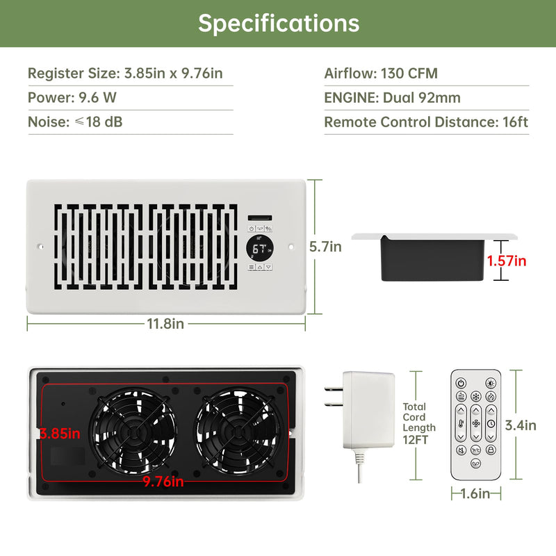 Register Booster Fan Fits 4” x 10” Register Holes, Smart Control Heating Cooling AC Vent Fan, 10-Speed Quiet Register Vent Booster Fans with Thermostat Control & Remote Control