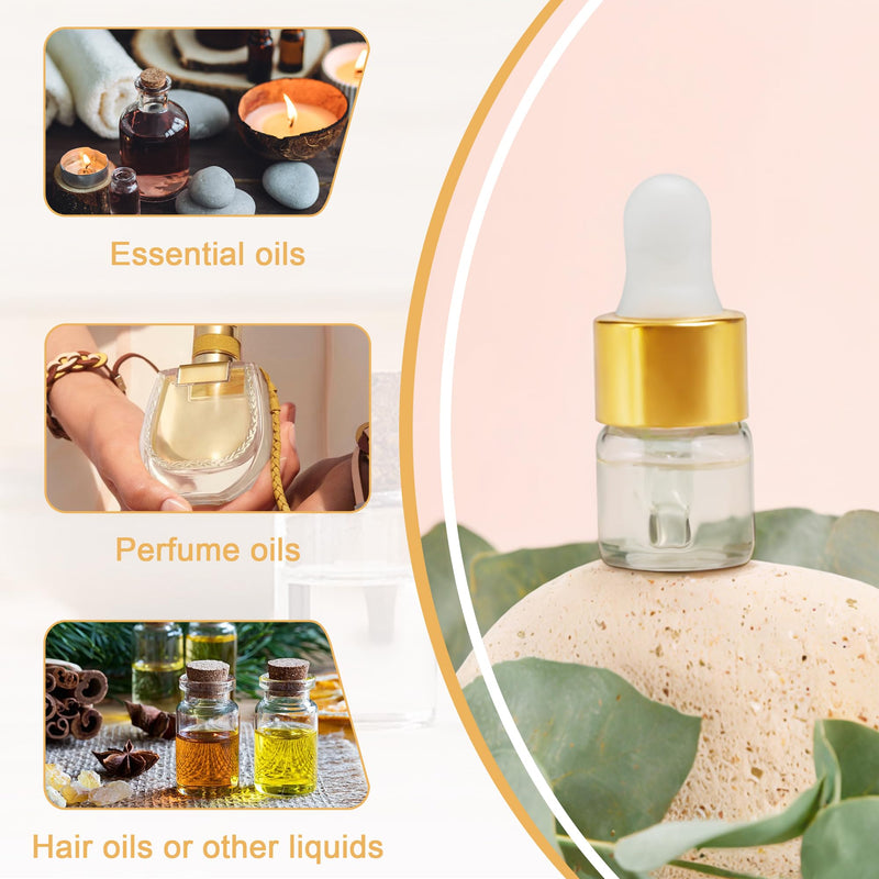 [Australia - AusPower] - 10pcs Mini Glass Dropper Bottle for Essential Oil,1ml Small Clear Sample Dropper Vails with Gold Cap,Perfume Cosmetic Liquid Containers for Traveling 10 1ml 