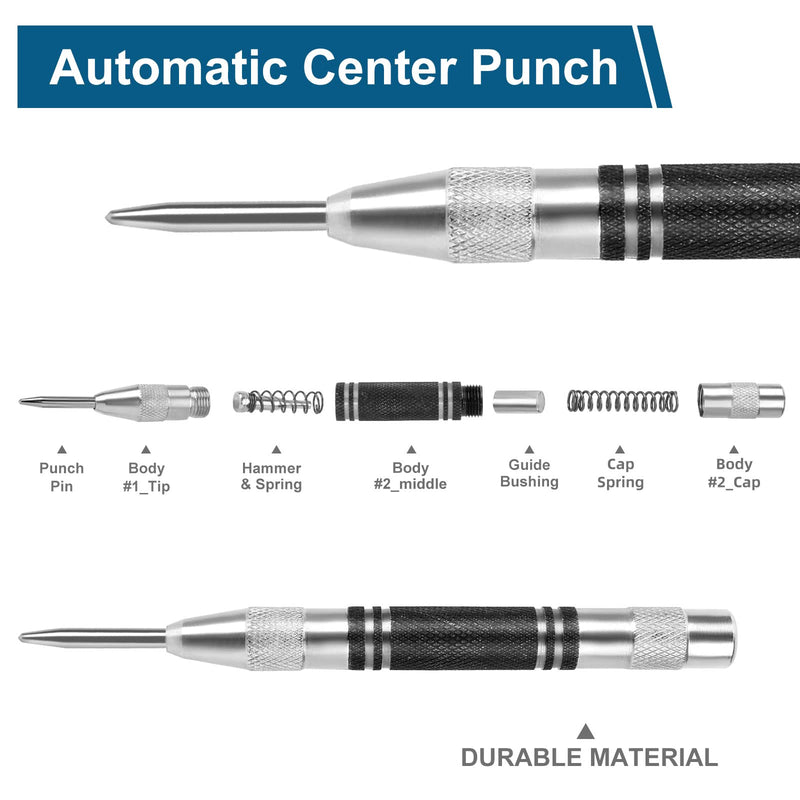 [Australia - AusPower] - 2Pcs Heavy Duty Automatic Center Punch, 5'' Premium Steel Spring Loaded Center Hole Punch, Adjustable Spring Impact Center Marker Scriber Tool for Metel, Plastics, Wood, Glass by karmiero 