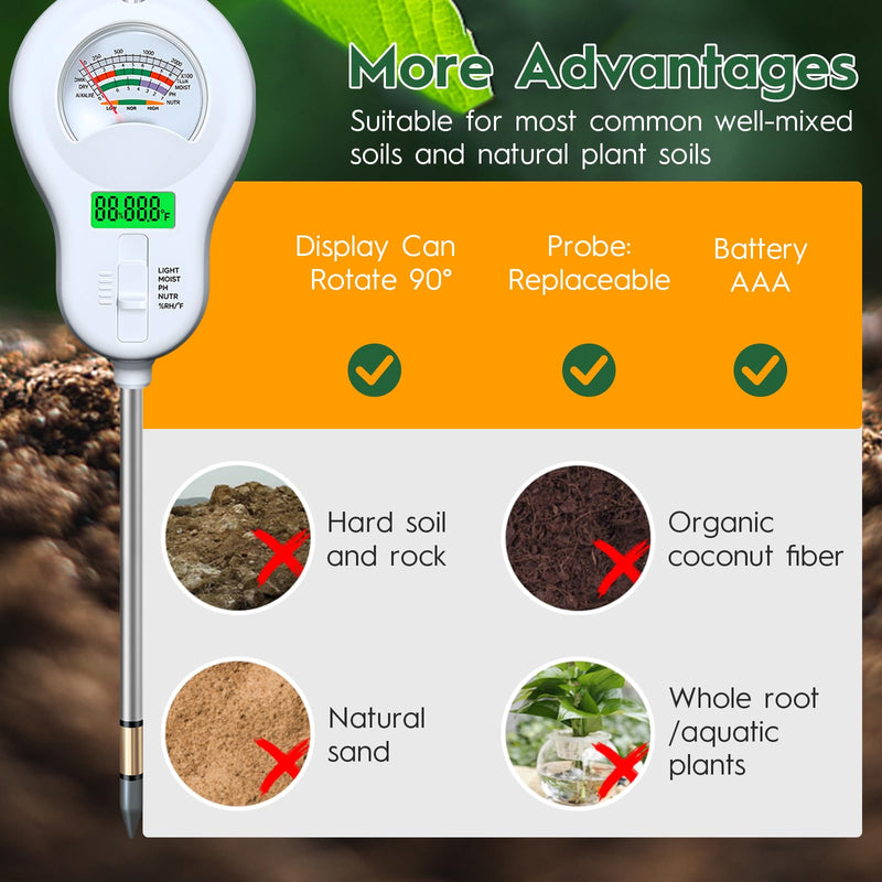 [Australia - AusPower] - 6-in-one Soil Test Kit-Soil Moisture Meter/PH Meter/Fertility/Sunlight Intensity Soil Tester, LCD Air Hygrometer&Temperature Moisture Meter for Plants-Garden, Lawn,Farm,3 Pack Detachable Probe 3 