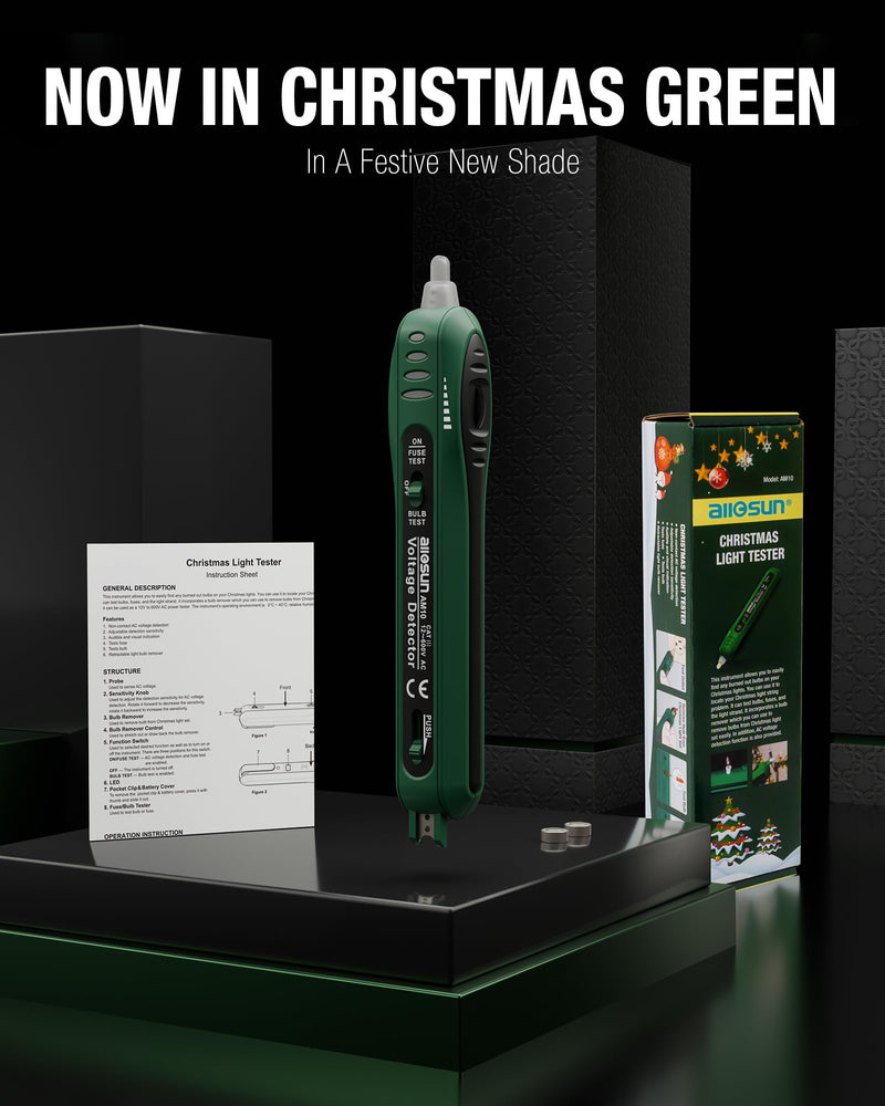 [Australia - AusPower] - ALLOSUN Christmas Light Tester Non Contact Voltage Tester with Fuse Tester & Bulb Remover, AC Voltage Detector 12V-600V, Stepless Sensitivity Control Christmas Light Bulb Tester, Green 