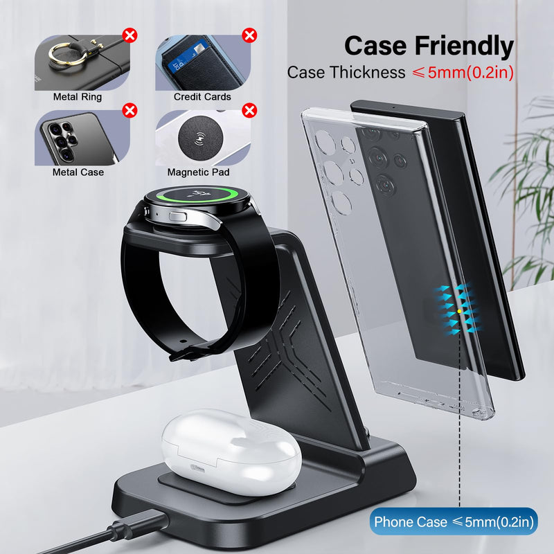 [Australia - AusPower] - Wireless Charger for Samsung, 3 in 1 Wireless Charging Station for Samsung Galaxy S24 Ultra/S23 Ultra/S22/S21/Note 20/Z Flip 5/Fold 5, Charger for Samsung Galaxy Watch 6/5/4, Galaxy Buds 2/Pro/+ Black 