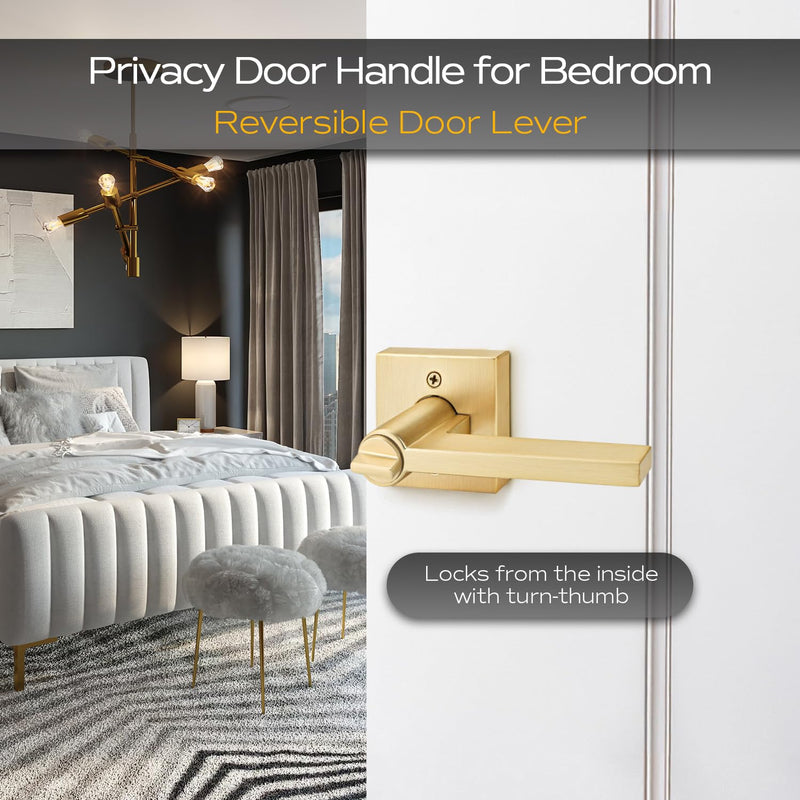 EHOMEWARE 1 Pack Gold Door Handles, Heavy Duty Door Knobs Interior for Bedroom Bathroom, Zinc Alloy Privacy Door Levers Door Handle with Lock, Satin Brass Modern Door Hardware & Locks Privacy Door Lever