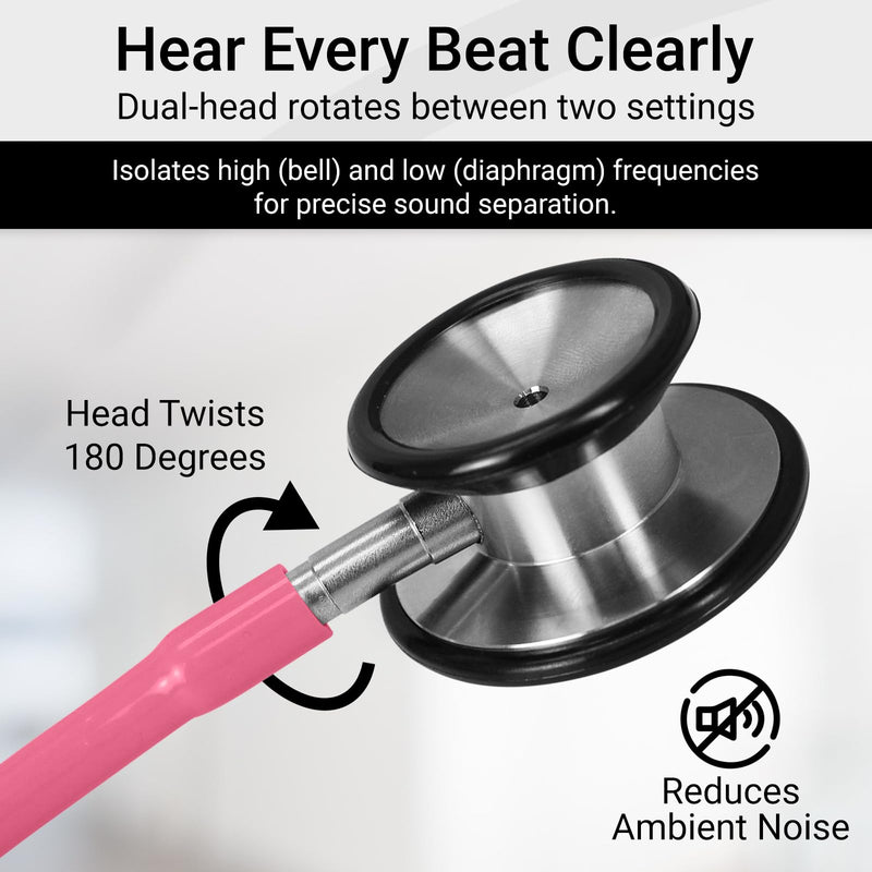 [Australia - AusPower] - Vive Precision Dualhead Stethoscope - Dual Head Diaphragm Bell for Nurses, ER, Cardiology, Veterinary, Fetal Pediatrics Blood Pressure Kit - Double Barrel Chestpiece Device For Doctors, Students 1 Count (Pack of 1) Pink 