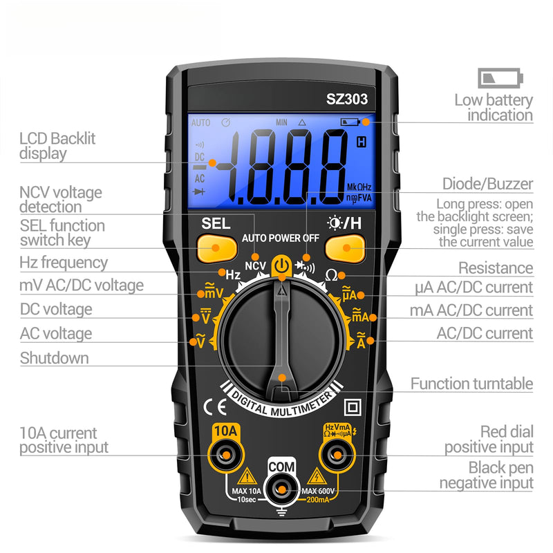 [Australia - AusPower] - Digital Multimeter Voltage Tester,Volt Meter,Measures AC/DC Current/Voltage,NCV,Ohm,Volt,Diode and Continuity, Resistance, Frequency for Electrican Tools(AAA Battery Include) Black 