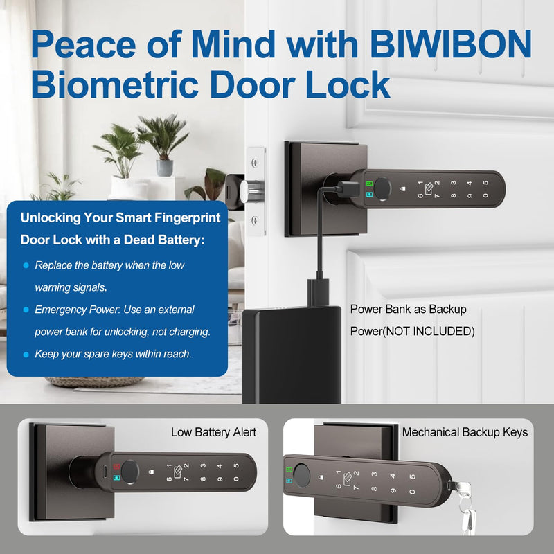 BIWIBON Fingerprint Door Lock, 5 in 1 Finger Print Door Knob with Smart APP/Fingerprint/IC Cards/Password/Backup Keys, Smart Door Knob with Keypad for Bedroom, Office, Apartment, Starry Grey
