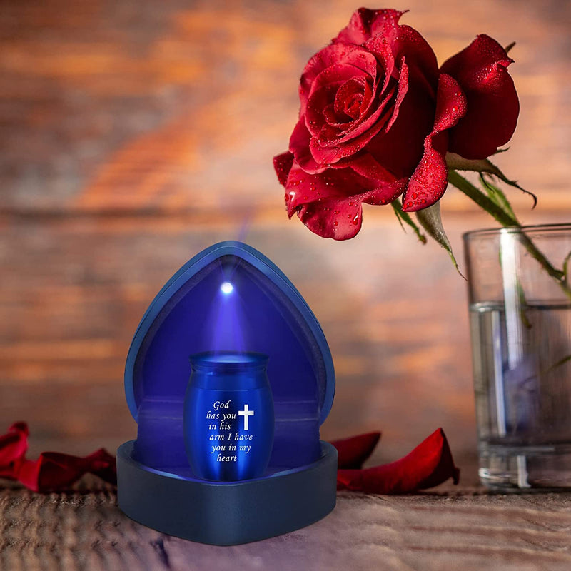 Small Keepsake Urns Comes with Heart Box w/Light (Battery Replaceable)- Best Memorial Gifts for Loss of Loved One - Mini Cremation Urn w/Urn Necklace - Miniature Ashes Holder Tiny Sharing Token Urn Blue