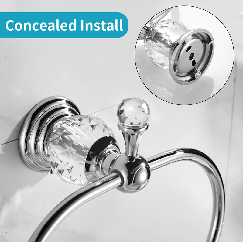 WOLIBEER Chrome Towel Ring,Crystal Hand Towel Holder,Bath Oval Hand Towel Rack Hanger Wall Mounted Bling Bathroom Accessories