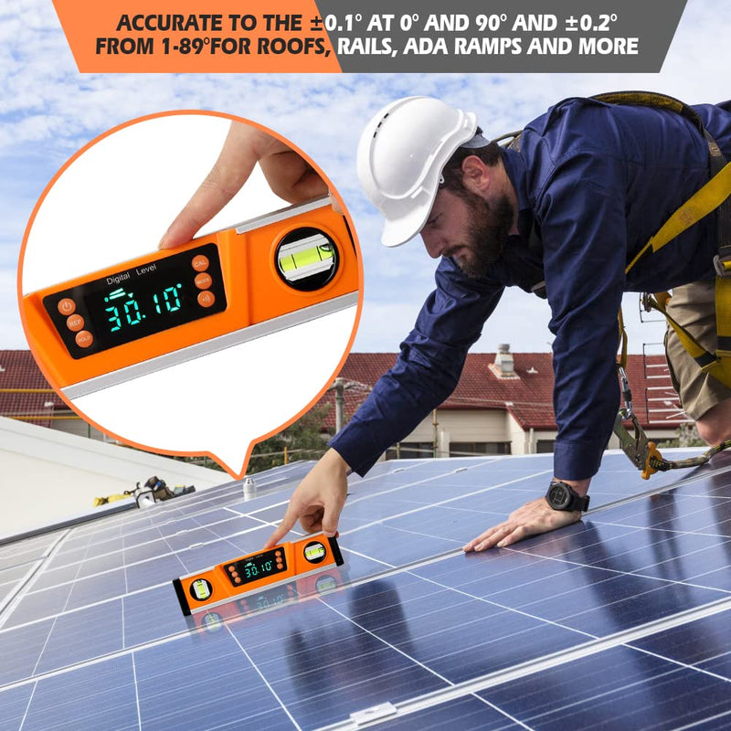 [Australia - AusPower] - 10-Inch Digital Torpedo Level and Protractor | Neodymium Magnets | Bright LED Display | V-GROOVE MAGNETIC BASE | IP54 Dust/Water Resistant smart level with Carrying Bag Orange 