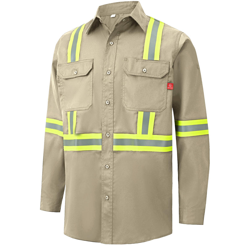 Hi Vis FR Shirt for Men 6.5oz Flame Resistant Class 3 Men's Reflective Safety Welding Shirts NFPA 2112/CAT2 Khaki X-Large