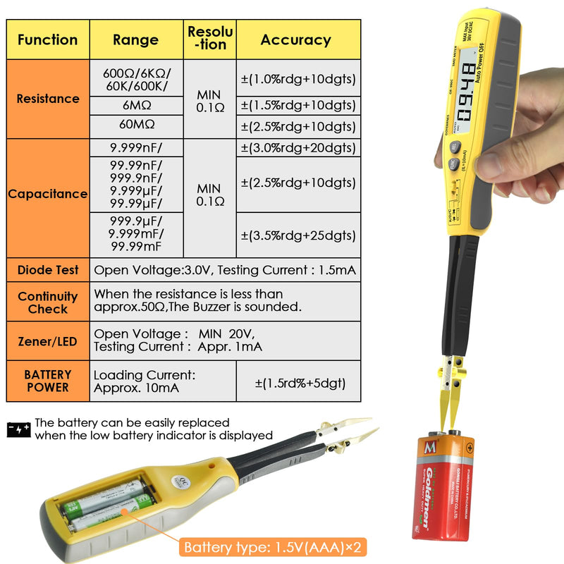 [Australia - AusPower] - Digital SMD Tester 6000 Counts, Auto Ranging Intelligent Resistance Capacitance Diode Zener LED Battery Power Multi Meter Tweezer 