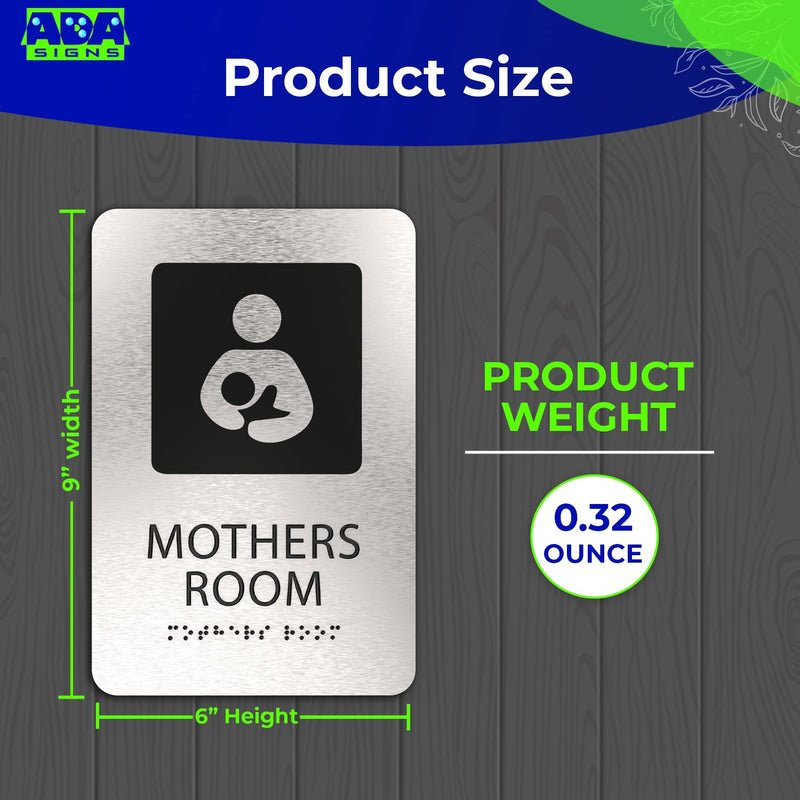 ADASigns Mothers Room Sign – 6" x 9" Durable Brushed Aluminum with Braille & Strong Adhesive Tape – Weatherproof Lactation Nursing Breastfeeding Bathroom Sign for Retail Store, Restaurant & Business Black Silver