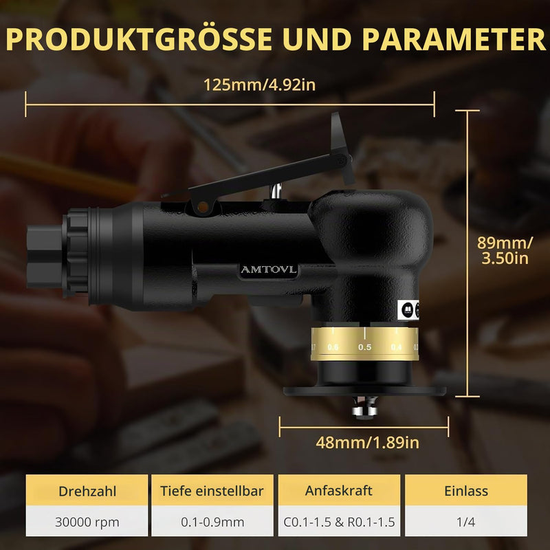 AMTOVL Luftfasenwerkzeug Mini Pneumatische Anfasmaschine 30000 U/min Pneumatisches Anfaswerkzeug 45 Grad Luftabschrägmaschine mit 1/4 Zoll Lufteinlass für Metall Holz (Schwarz) Schwarz