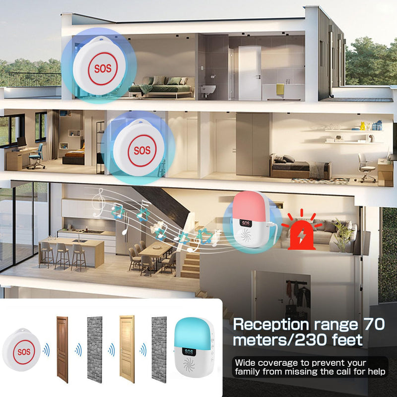 [Australia - AusPower] - Caregiver Pager Wireless Call Button Smart WiFi Nurse Emergency Alert System 330 Feet Life Alert Button for Elderly/Patient/Disabled/Home(2.4GHz Wi-Fi Only) 1 receiver + 2 SOS button 
