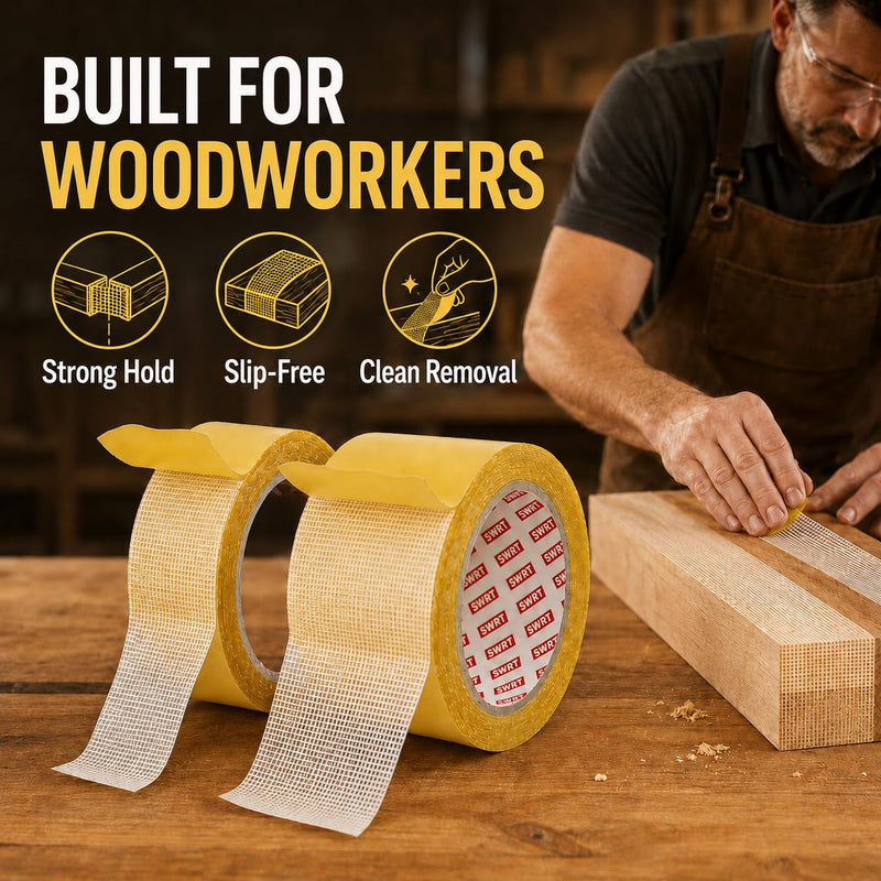 SWRT Double Sided Woodworking Tape for Woodworking Router Templates and CNC Projects, Removable Adhesive for Holding Wood Templates, Routing, and Anchoring, No Residue, 1 & 2 Inch x 33 FT, 2 Rolls