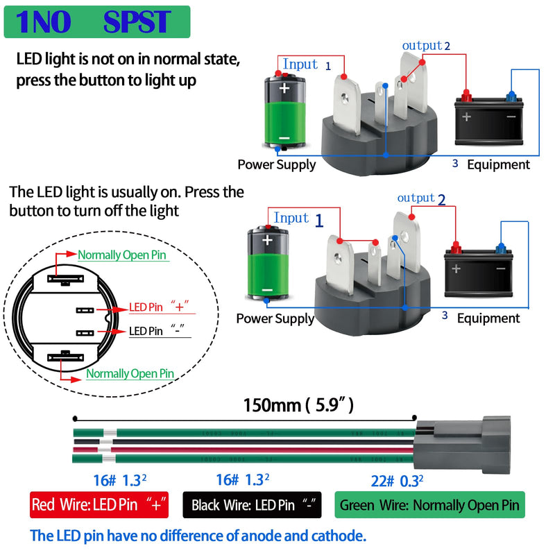 [Australia - AusPower] - 15Amp 19mm Latching Push Button Switch 12V DC 24V Waterproof IP67 Power Button 1NO SPST Power Button Blue Led Metal Self-Locking On Off 3/4inch with Wire Socket 15 Amp Latching, 12/24V DC 