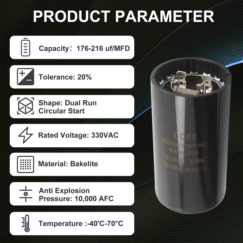 2025 Upgrade CPT00320 Capacitor Dual Run Circular Start with Resistance Wire for Trane 176-216 MFD uF 330 Volt Capacitor, Specific Fit for American Standard Units, Heat Pump and HVAC Systems