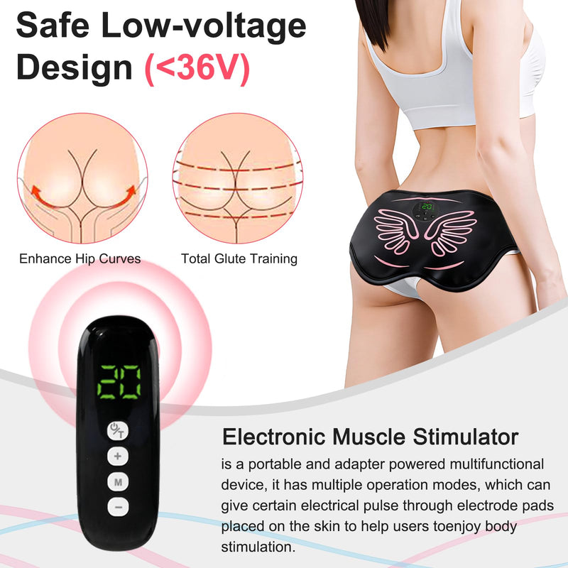 Booty Trainer for Women, Butt Lifting Machine Glute Muscle Stimulator, 8 Modes & 20-Level Intensity Muscle Toner Stimulator Adjustable Abs Stimulator, Home Workout Equipment with Extension Strap Black