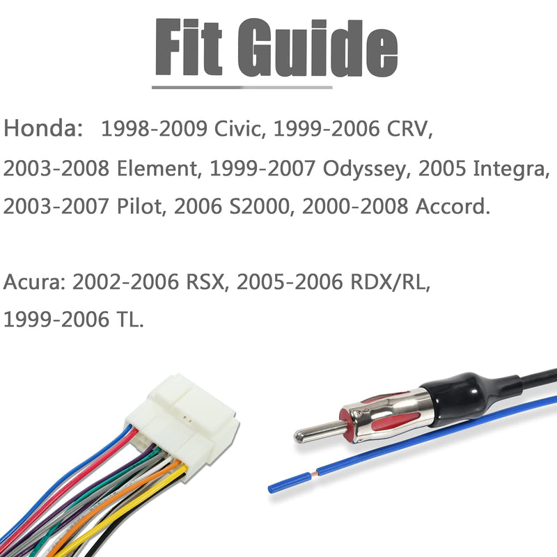 [Australia - AusPower] - RED WOLF Radio Wiring Harness + Antenna Wire Adapter Compatible with Honda Civic/CR-V/Odyssey/Accord/Pilot/1998-2008, Acura TL/RSX/RDX 1999-2006 for Aftermarket Stereo Installation 98-08 harness + antenna adapter 