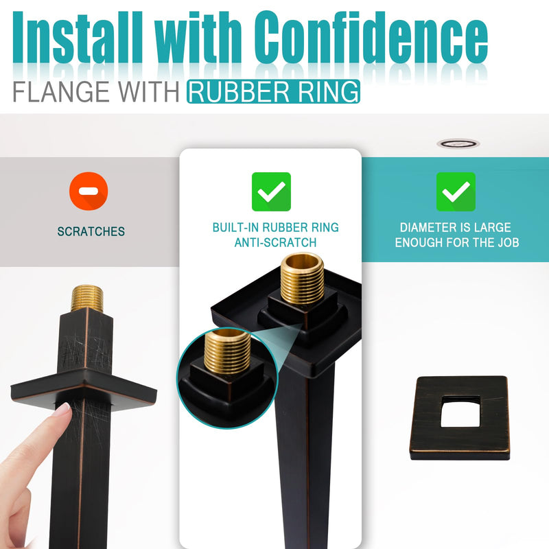 Oil Rubbed Bronze Shower Arm with Flange and Teflon Tape for High Ceiling Fixed Rain Showerhead, Universal Connection 16-inch Square Straight Shower Head Extender Extension Pipe, 304 Stainless Steel 16inch Oil Rubbed Bronze