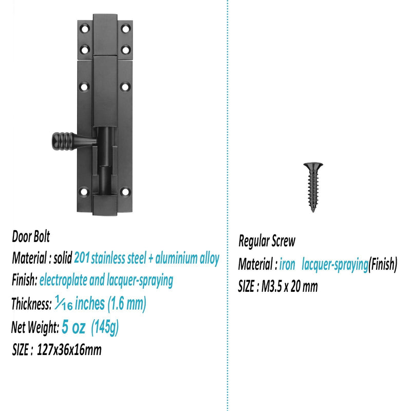 2 Pack 5" Black Aluminum Slide Bolt Gate Latch, Barrel Bolt for Fence Shed, Barn Door