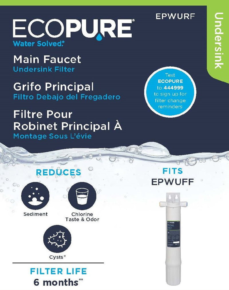 EcoPure EPWURF Main Faucet Replacement Filter – Fits EPWUFF System – NSF-Certified – Reduces Chlorine, Odor & Sediment – 6-Month Life – Quick, Mess-Free Changes 1 Count (Pack of 1) Standard Replacement Filter