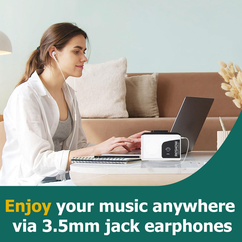 [Australia - AusPower] - Reshow Portable Cassette Player with Built-in Speaker and Headphone Jack, USB C Cassette to MP3 Converter, Reverse Recording to Tape, Walkman Cassette Recorder, Full Stereo Sound-White White 