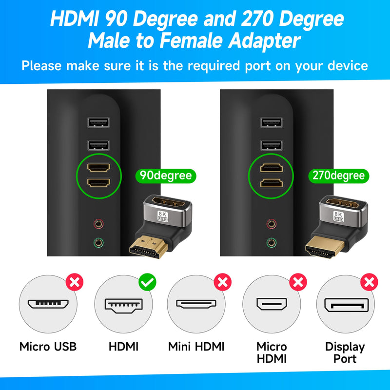[Australia - AusPower] - 8K HDMI 2.1 Adapter 90 Degree and 270 Degree Gold Plated Adapter 2 Pack, Right Angle HDMI Male to Female Connector Converter HDMI L Shape Extender, Supports 8K@60Hz，4K@120Hz，4K@60Hz，4K@30Hz 90° HDMI Male to Female 