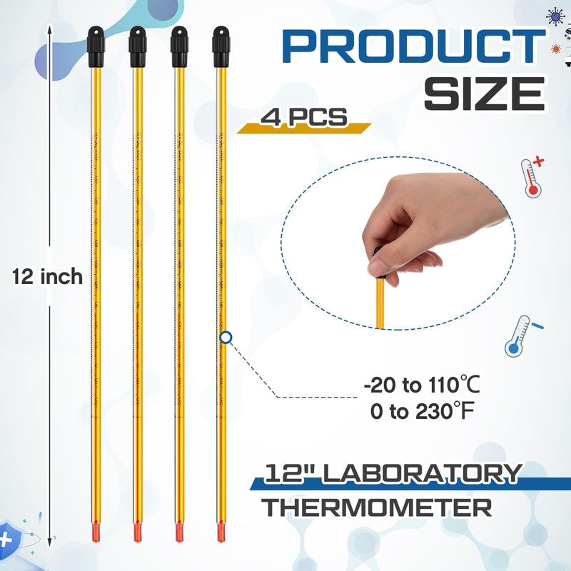 4 Pcs General Purpose Lab Thermometer 12 Inch Laboratory Liquid in Glass Thermometer Total Immersion -20 to 110℃/ 0 to 230℉ Dual Scale for Science University Food and Beverage Processing 4