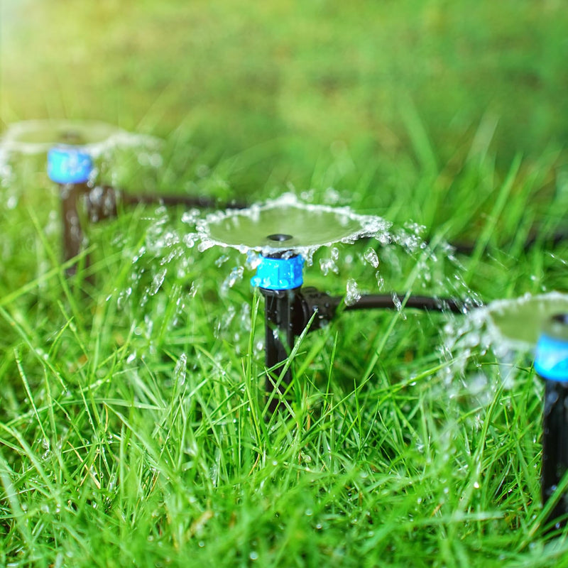 [Australia - AusPower] - 50pcs Drip Emitters Fan Shape with Stake for 1/4" Irrigation Tubing, Adjustable 360 Degree Water Flow Irrigation Vortex Sprayer On 5" Stake Garden Irrigation Dripper for Watering System 