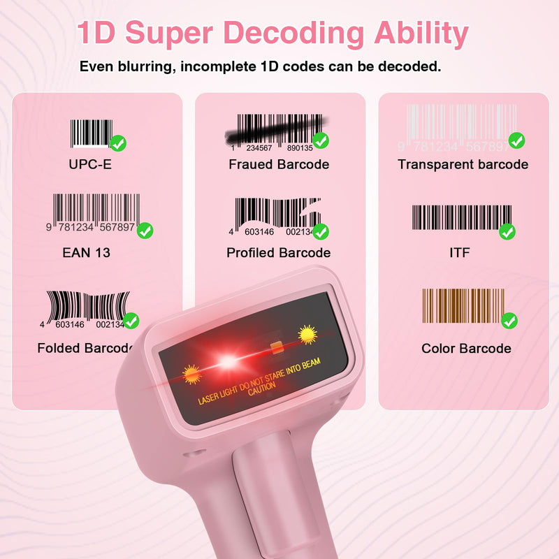 USB Wireless Barcode Scanner,Symcode Handheld Laser 1D Bar Code Reader Scanner (2.4GHz Wireless & USB2.0 Wired) Rechargeable Cordless 1D Barcode Scanner 1D Wireless Scanner Pink