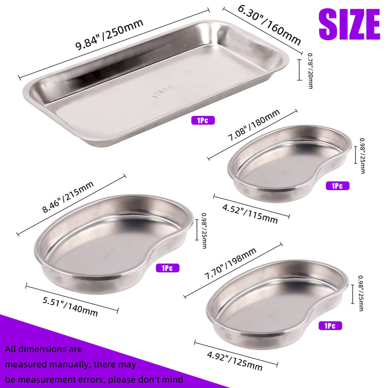 [Australia - AusPower] - Swpeet 4Pcs 304 Stainless Steel 2 Shapes Square and Kidney Surgical Tray Assortment Kit, Metal Instrument Tray Dental Procedure Lab Instruments for Medical Instruments, Tattoo, Flat Bottom Tray Kidney Tray 