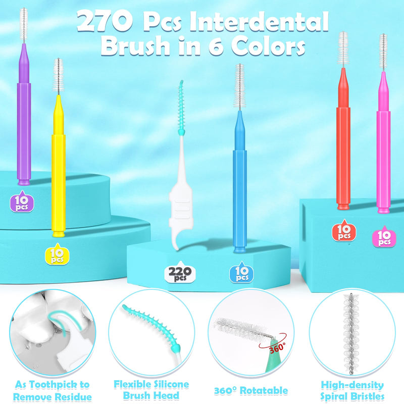 [Australia - AusPower] - 270Pcs Interdental Brush 6 Sizes Braces Brush Soft Bristles 360° Bendable Floss Heads Dental Brushes Between Teeth Gum Braces Cleaning Kit Oral Tooth Cleaning Tool 