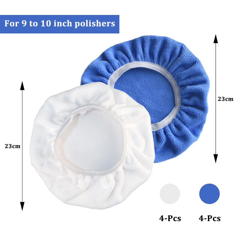 Pack of 8 Polishing Bonnet Car Bonnet Microfibre Reusable 230 mm - 250 mm | Car Polishing Hood Car Polishing Pad Polishing Cotton Bonnet for Car Polishing Machine, Blue and White