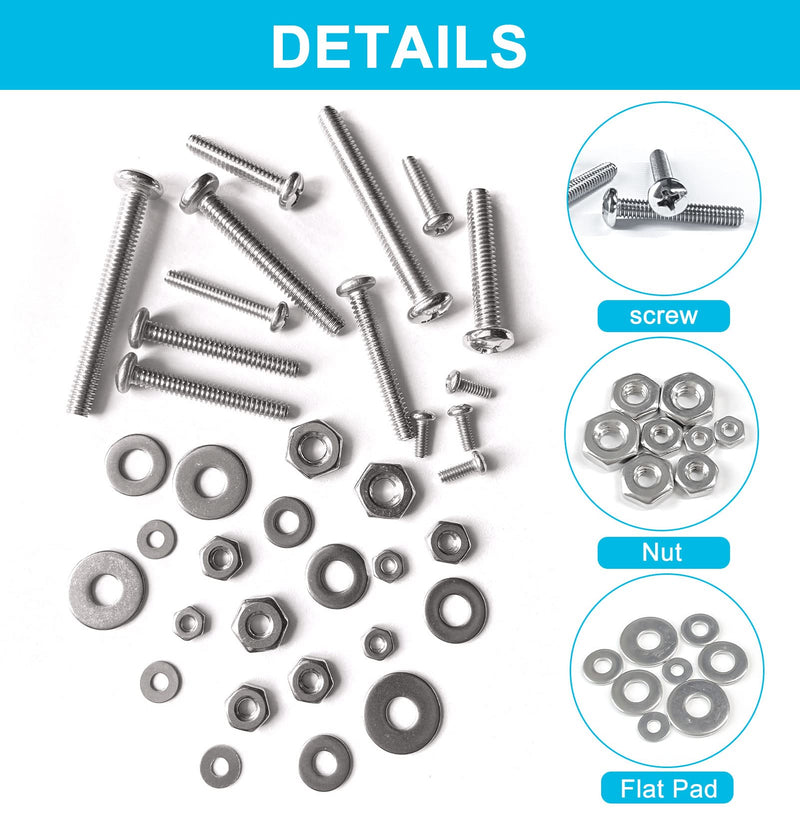 Trivd Frol 750PCS #2-56#4-40#6-32#8-32 Phillips Pan Head Screws Bolt Nut Flat Washers 304 Stainless Steel Machine Screws Nuts Washers Assortment Kit (#2-56#4-40#6-32#8-32)
