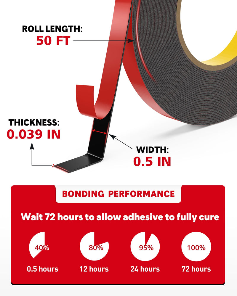 [Australia - AusPower] - HitLights Double Sided Tape Heavy Duty, 1/2 in x 50 ft, Adhesive Mounting Tape Waterproof, Strong Double Stick Foam Tape for Walls Poster Automotive Outdoor Home (Pack of 1) 50FT 