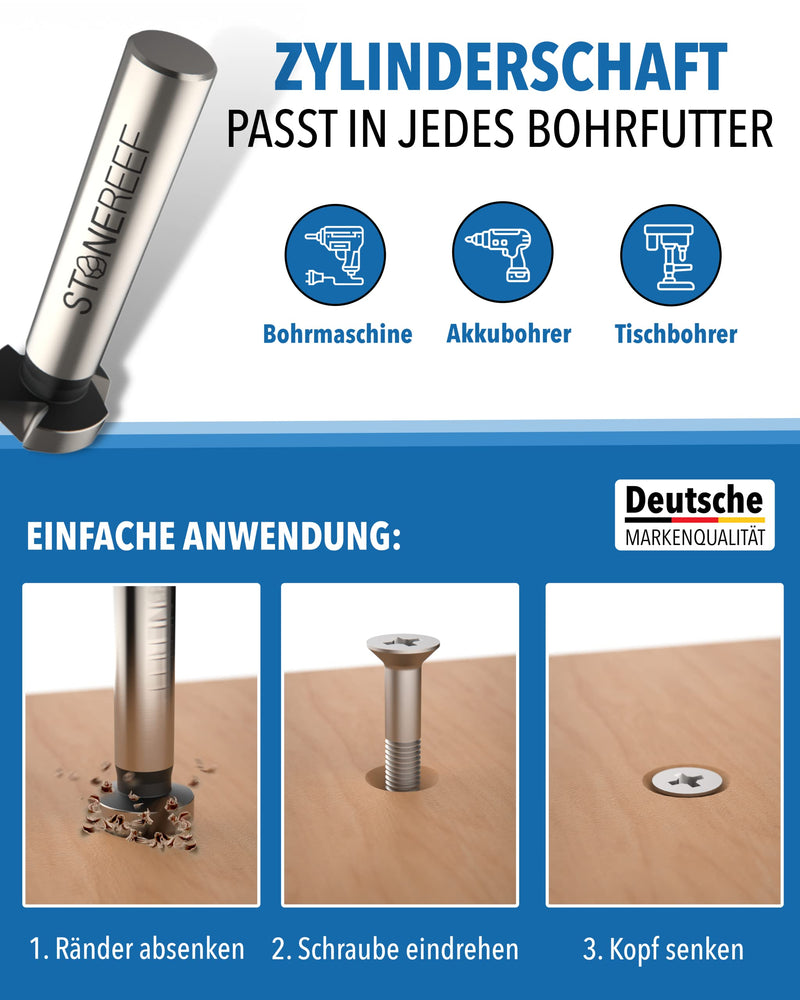 [Australia - AusPower] - Countersink Set of 4 [6.3, 8.3, 10.5, 16.5 mm] HSS Countersink for Metal and Wood - Metal Countersink, Wood Countersink - Extra Sharp Thanks to Industrial Cut - Fits in Standard Drill Chucks - 