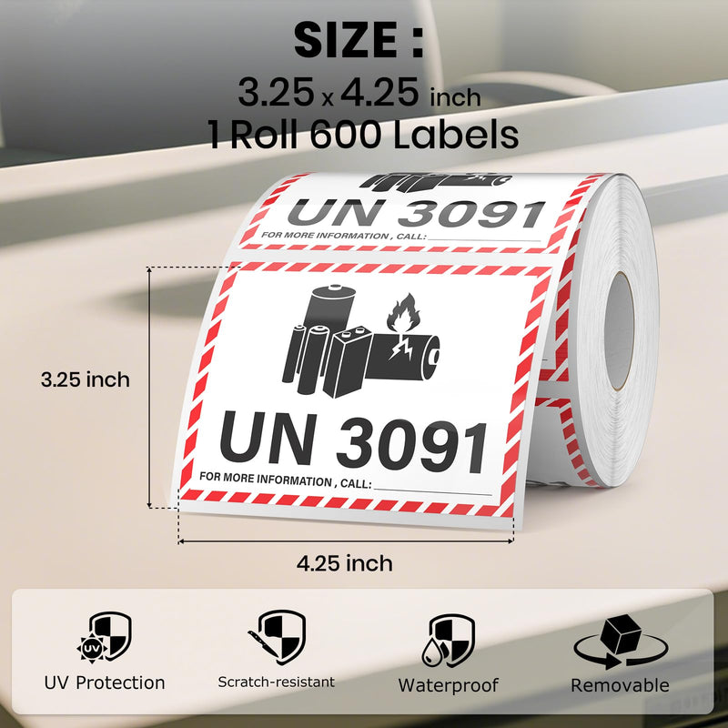 600 PCS UN3091 Lithium Battery Labels 4.25×3.25 Inches Lithium Ion Warning Adhesive Safety Stickers for Shipping