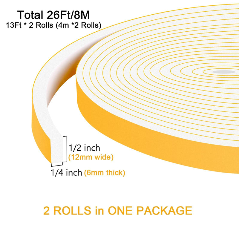 [Australia - AusPower] - Strong Adhesive Weather Stripping, High Density Weatherproof Weather Stripping Door Seal Strip for Sliding Door, Windows,Soundproof Foam Sealing Strip, White(1/2 in x 1/4 in x 26Ft) 1/2 In x 1/4 In x 26Ft 