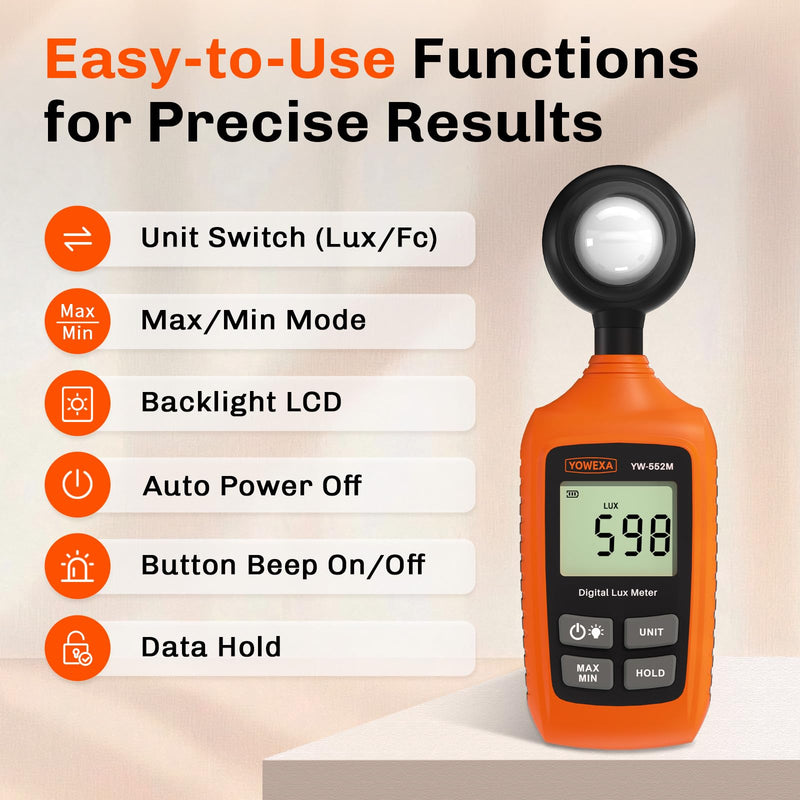 [Australia - AusPower] - YW-552M Light Meter, Digital Lux Meter 0~200,000 Lux(0~20,000 Fc) with Backlight, Max/Min, Data Hold, Foot Candle & Lux Unit Switch, for Photography, Plants, Office, and Indoor Lighting 