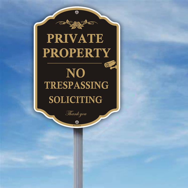 Private Property Sign No Trespassing Sign, No Soliciting Signs, CCTV IP Camera Video Surveillance Warning Metal Signs, 14 x 10 Inches Rust Free Aluminum Metal, 2 Pack