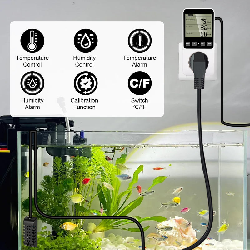 Hygrostat Socket with Sensor, Humidity Regulator / Temperature Controller Socket Humidity Controller with Alarm, Humidity Controller 16 A 230 V for Humidifier Dehumidifier Mushroom Terrarium