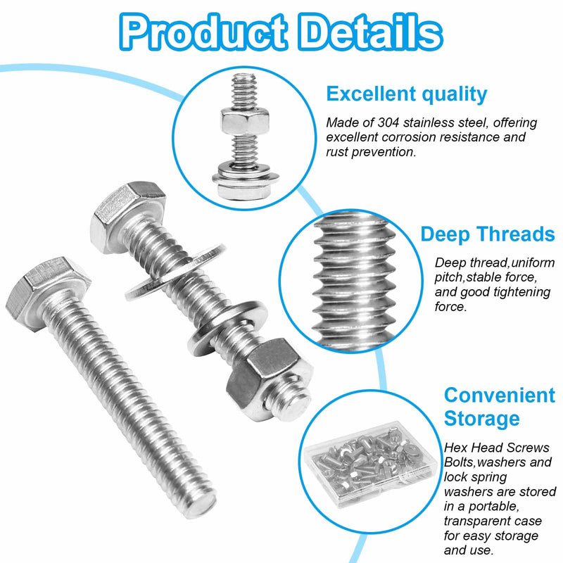 [Australia - AusPower] - Yinpecly 20 Sets 1/4-20 x 1-1/2" Hex Head Screw Bolt, Nuts, Flat & Lock Washers, Stainless Steel 304, Machine Fully Thread Hex Bolts, Bright Finish Hexagon Bolt, Nuts and Bolts Assortment Kit 1/4-20 x 1-1/2" 