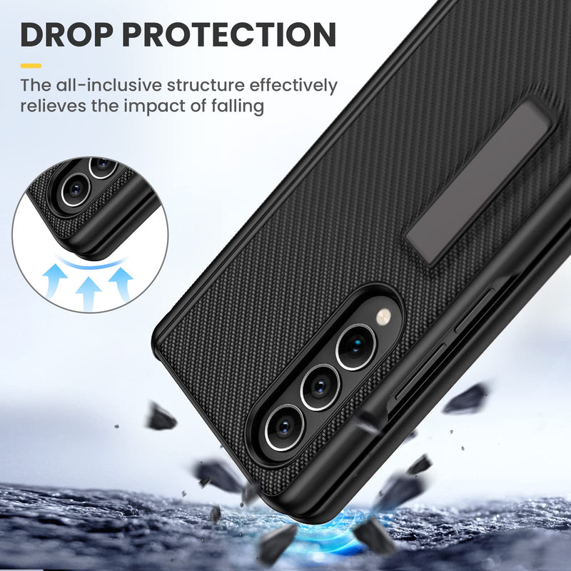 [Australia - AusPower] - Ruky Kickstand Case for Galaxy Z Fold 4, Hinge Protection, Full Body & Built-in Screen Protector, PU Leather Stand Case for Samsung Galaxy Z Fold 4 5G, Carbon Fiber 