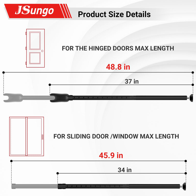 JSungo 2-in-1 Sliding Door Security Bar, Upgrade Doors Stoppers Security, Heavy-Duty Door Jammer Doors Stopper for Sliding Window, Adjustable Door Jammer for Home, Apartment, and Hotel, Black, 1 Pack