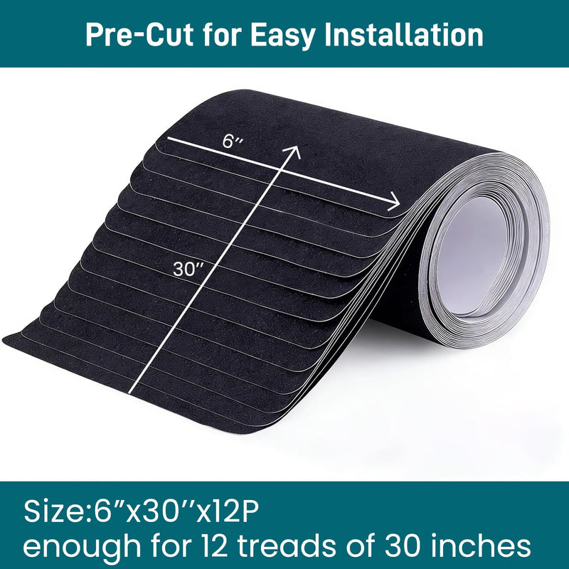 6" x 30" Anti Slip Traction Treads Tape (12-Pack), Pre-Cut Grip Tape for Stair Steps Outdoor, Waterproof Black Non Slip Stair Treads for Floor Safety, Easy to Install 6" x 30" 12