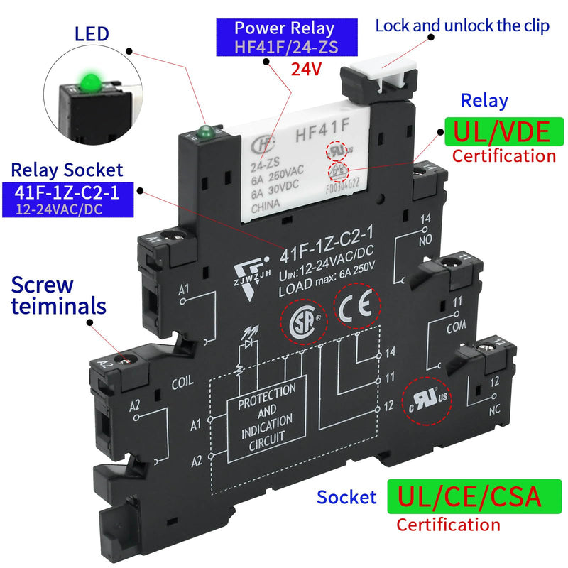 [Australia - AusPower] - 3Pcs Electromechanical Relay Black Miniature Power Relay 24VDC and 24VAC HF41F/24-ZS 6Amp SPDT with LED Light, DIN Rail, Ultra Small and Thin Socket Black Screw Socket C2 3 