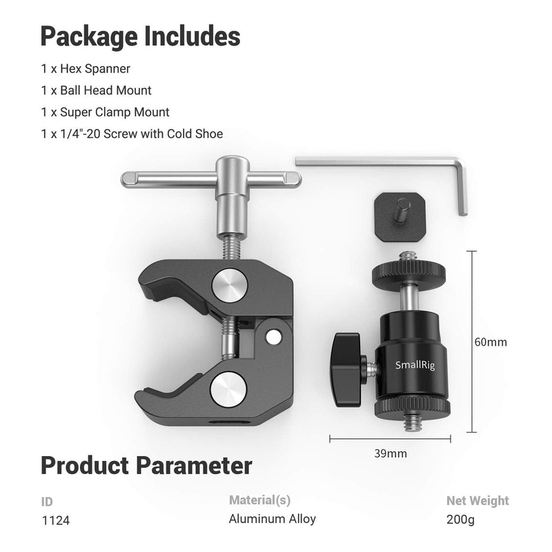 [Australia - AusPower] - SmallRig Super Clamp Mount with Mini Ball Head Mount, Hot Shoe Adapter with 1/4 Screw for LCD Field Monitor, LED Lights, Flash, Microphone, for Gopro, for DJI Action 2, for Insta360-1124 
