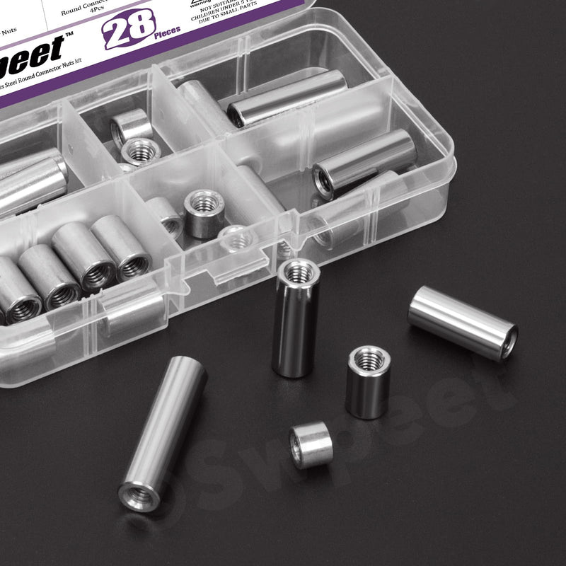 [Australia - AusPower] - Swpeet 28Pcs 5 Sizes Metric M6 X 1.0-Pitch X 8mm/15mm/25mm/30mm/40mm Length 304 Stainless Steel Round Connector Nuts Coupling Nuts Assortment Kit, Female Thread for Camera Pan, Lamp Bracket 